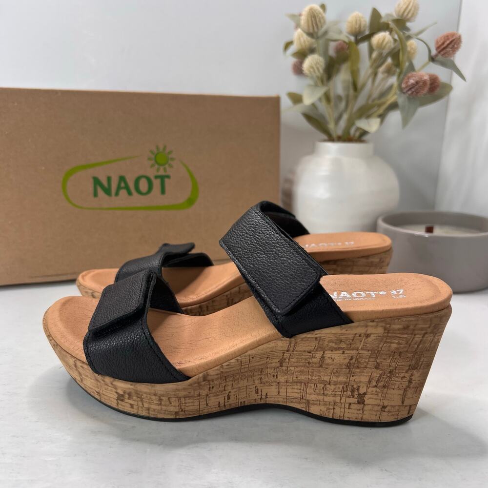 Naot Caveran Leather Comfort Wedge Platform Sandal Black Women's 6/EU37 Tried On